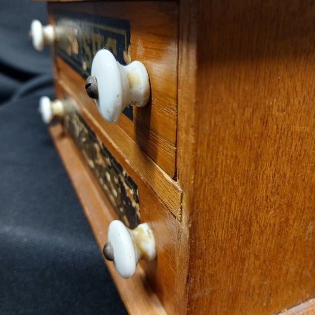 Brown English's Needles Antique Miniature Tabletop Oak & Pine Spool Cabinet For Sale - Image 8 of 17