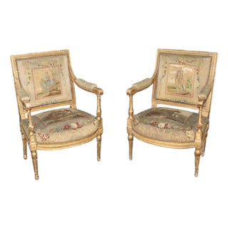 Pair 19th Century French Louis XVI Giltwood Aubusson Armchairs For Sale
