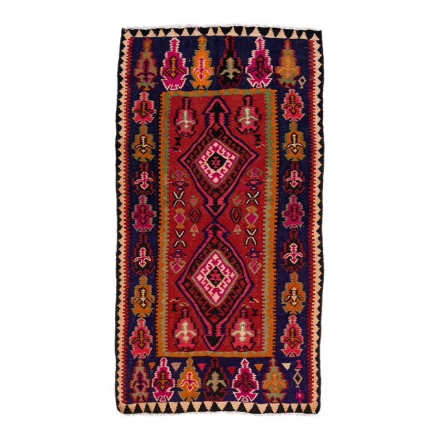 1960s Vintage Turkish Kilim Red Handmade Tribal Wool Rug For Sale