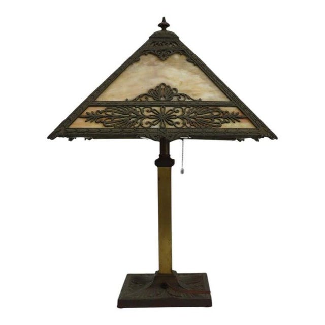Glass Bradley & Hubbard Arts & Crafts 4-Panel Floral Overlay Slag Glass Lamp C1920 For Sale - Image 7 of 9