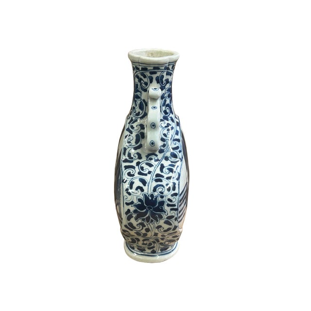 Chinese Blue White Porcelain MoonFlask Scenery Graphic Art Vase For Sale - Image 14 of 15