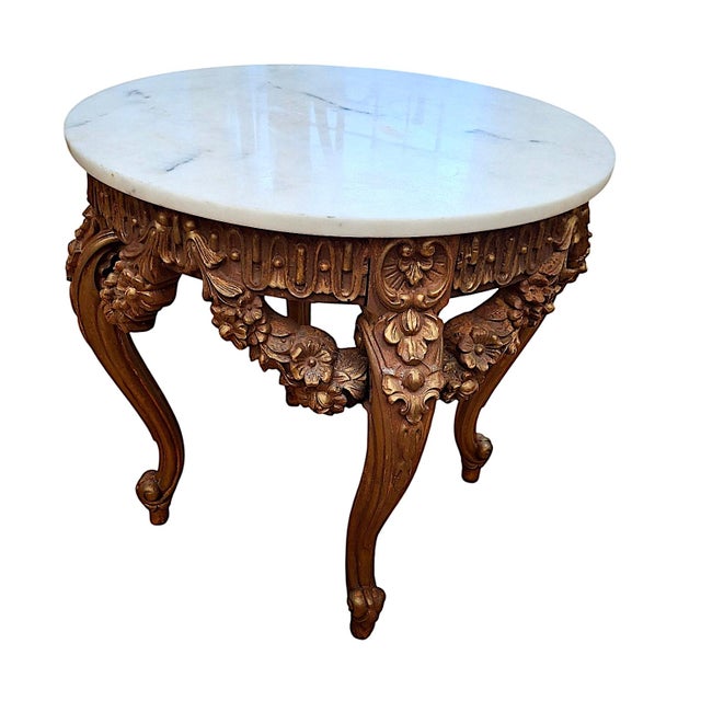 19th-Century Rococo Revival Carved Wood and Marble Accent Table For Sale - Image 4 of 7