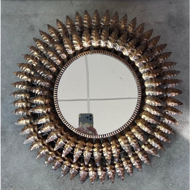 Mid 20th Century Round Spanish Gilt Metal Sunburst Mirror For Sale - Image 16 of 18