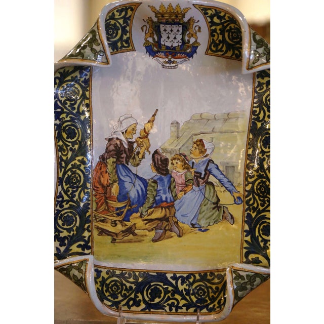 Blue Pair 19th C. French Quimper Porquier-Beau Faience Wall Platters With Figures For Sale - Image 8 of 12
