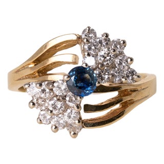Vintage 14k Gold Blue Sapphire and 0.50 Carats Diamond Cluster Ring, Size 7 For Sale