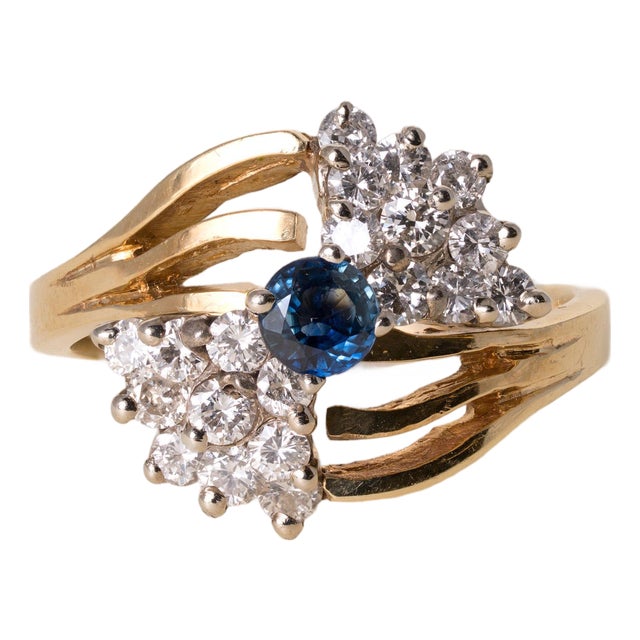 Vintage 14k Gold Blue Sapphire and 0.50 Carats Diamond Cluster Ring, Size 7 For Sale