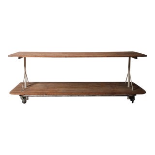 Vintage Industrial Factory Cart Table With Two-Tier Pine Plank Surface For Sale