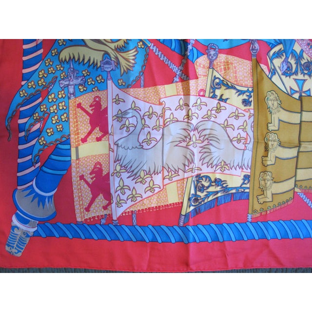 Red Hermes France Carre 90 Etendards Et Bonnieres Flags & Banners Red Silk Scarf For Sale - Image 8 of 9
