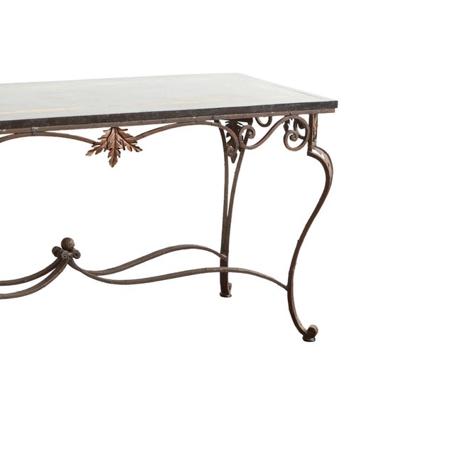 Italian Italian Wrought Iron Framed Laminated Marble-Design Wood Console / Entry Table For Sale - Image 3 of 9