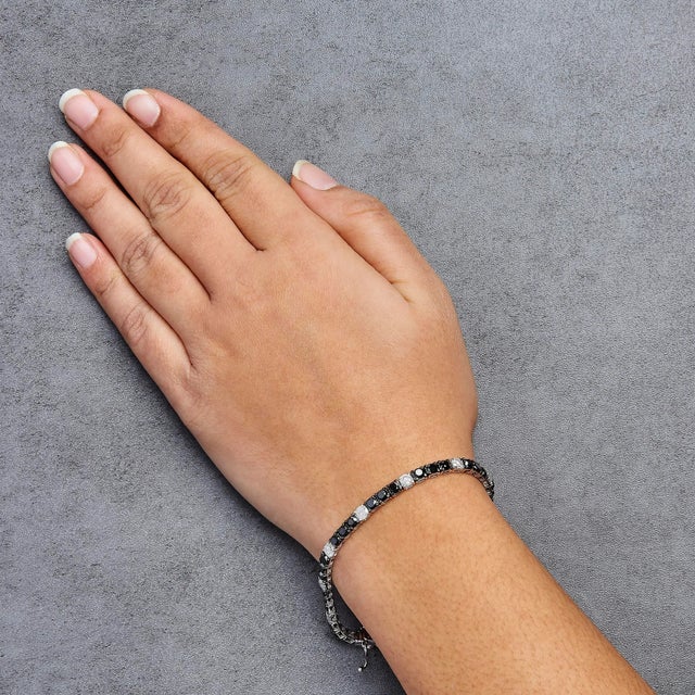 .925 Sterling Silver 10.0 Cttw Black and White Diamond Tennis Bracelet (I-J Color, I2-I3 Clarity) - For Sale - Image 4 of 5