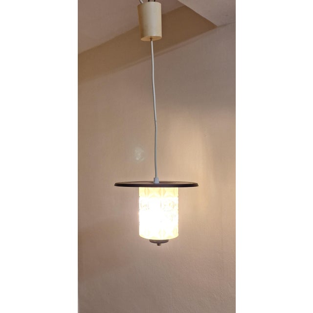 Vintage Ceiling Lamp with a Patterned Relief Glass Shade on a Metal Lantern, 1970s For Sale - Image 3 of 7