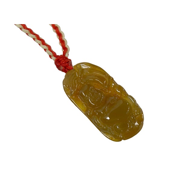 Chinese Yellow Honey Stone Carved Happy Buddha Pendant Necklace Display Art For Sale - Image 4 of 7