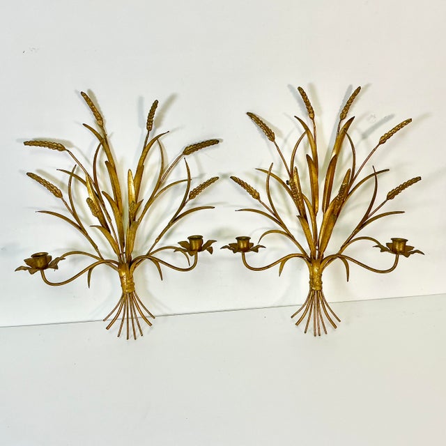 Rustic European 1950s Vintage Italian Hollywood Regency Wheat Sheaf Candle Holder Sconces - A Pair, 2 Arm For Sale - Image 3 of 17