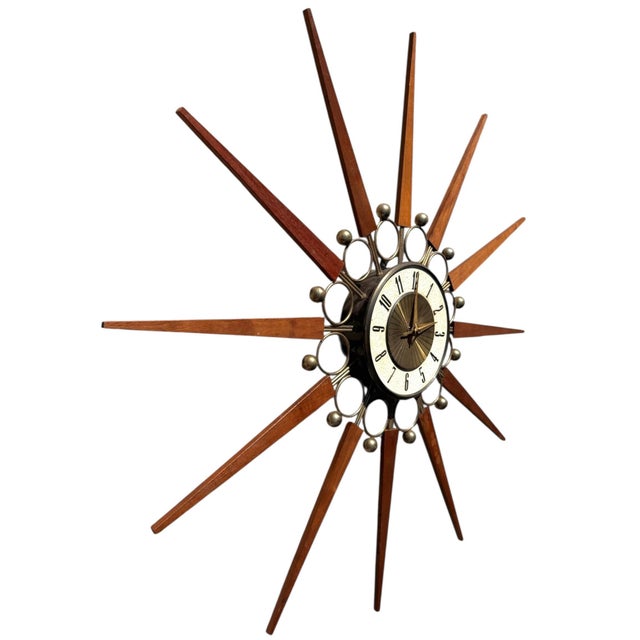 Danish Elgin Mid Century Modern Sunburst Wall Clock For Sale - Image 4 of 7
