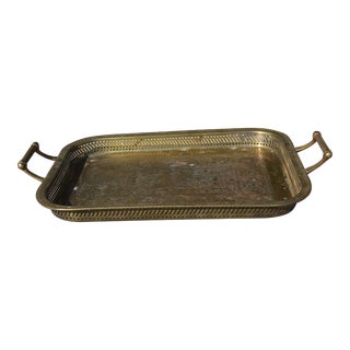 Vintage Large Castilian Tray With Open Weave Sides & Gallery Edge, Embossed Center For Sale