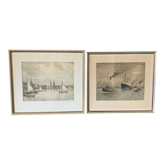 Pair of Friedrich Traulsen (1887–1971) Nautical Etchings Steamboats Tugboats and Sail Boats For Sale