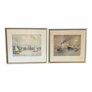 Pair of Friedrich Traulsen (1887–1971) Nautical Etchings Steamboats Tugboats and Sail Boats