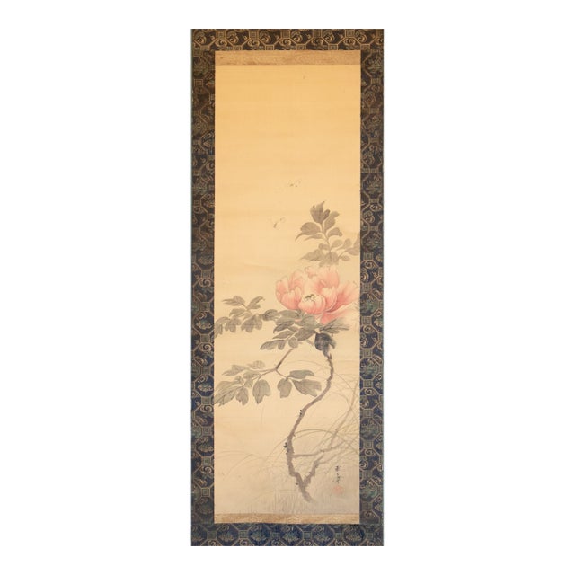 "Peony Flower and Butterflies" by Kawabata Gyokusho, Meiji Era Japanese Silk Scroll Painting For Sale