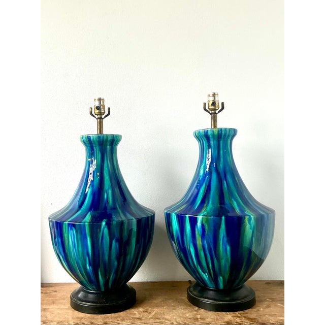 Mid-Century Modern Vintage MCM Drip Glazed Ceramic Lamps - A Pair For Sale - Image 3 of 12