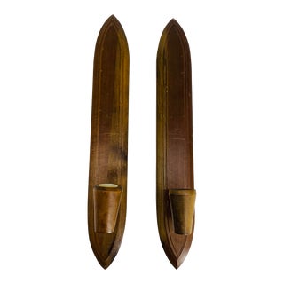 Mid-Century Wooden Candle Stick Holder Wall Mounted Sconces - a Pair For Sale