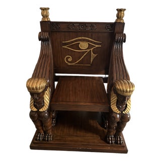 1960s Egyptian Revival Throne Chair With Winged Sphinxes & Eye of Horus For Sale