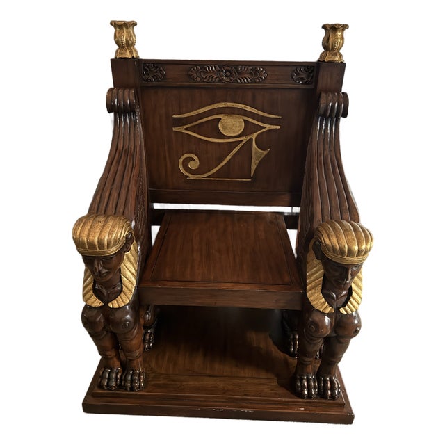 1960s Egyptian Revival Throne Chair With Winged Sphinxes & Eye of Horus For Sale