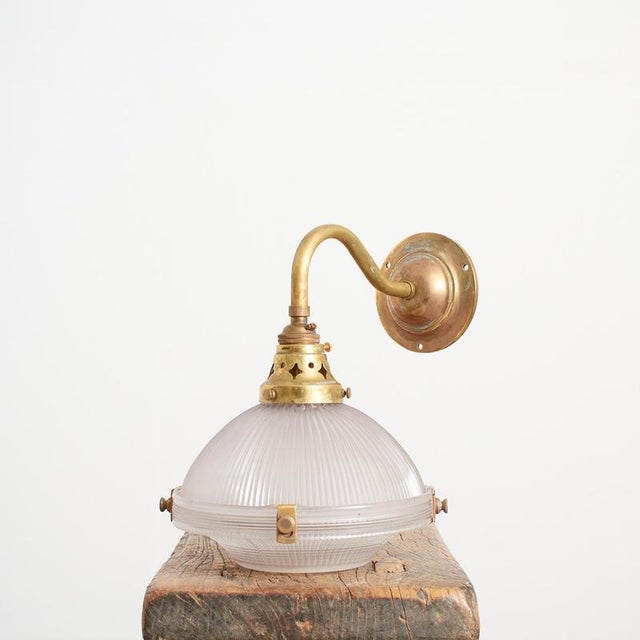 antique church holophane 2 part brass wall light an original holophane glass wall light retaining its original brass...