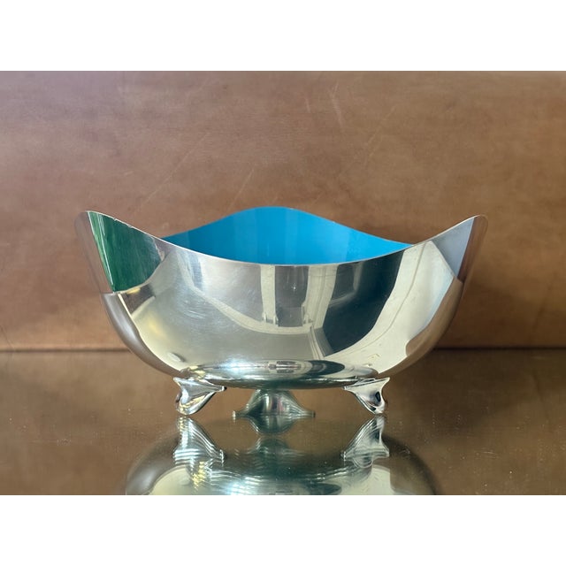 Vintage Heirloom Silver Plate & Turquoise Enamel Footed Bowl For Sale In Seattle - Image 6 of 14