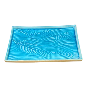 Late 20th Century Nautical Ocean Wave Sky Blue Glazed Pottery Center Piece Tray Vanity Plateau