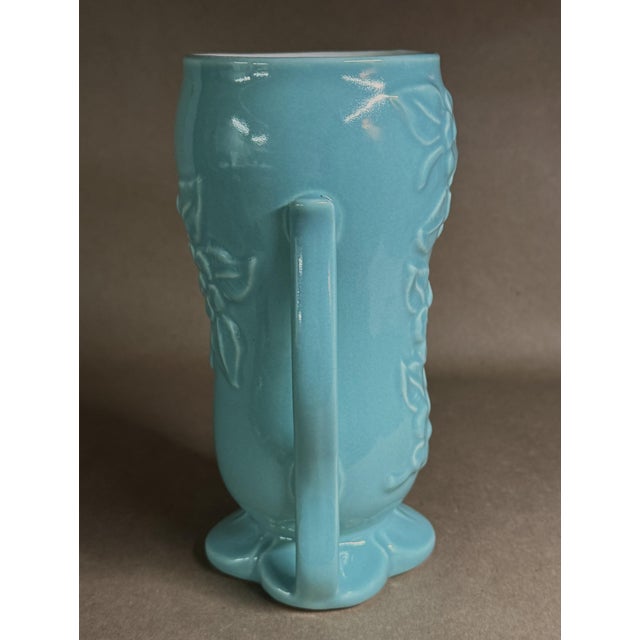 Red Wing Pottery 8 Inch Handled Vase MCM Raised Floral Design For Sale - Image 4 of 6