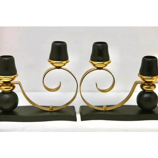 Art Deco Wooden and Brass Candlesticks, 1930s, Set of 2 For Sale - Image 3 of 11