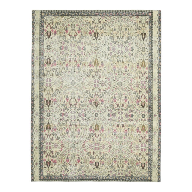 1970s Vintage Turkish Oushak Handmade Wool Cotton Cream Area Rug For Sale