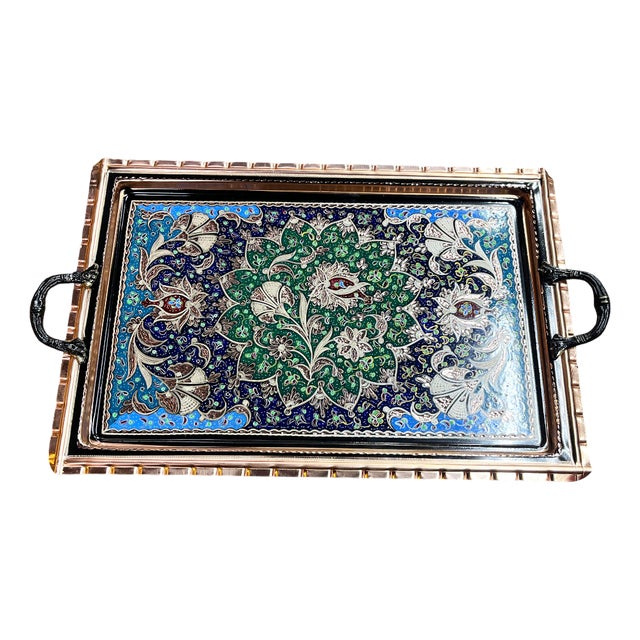 Rectangular Etched Copper Tray with Handles For Sale