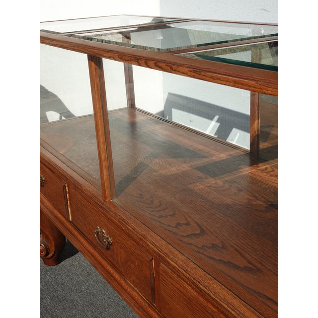 Brown Large Vintage French Country Mercantile Store Display Case Floor Cabinet W Mirror Doors For Sale - Image 8 of 16