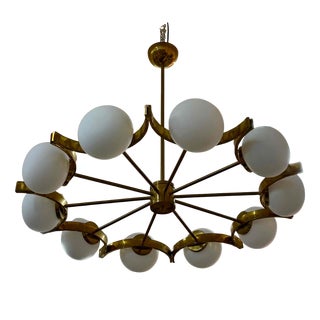 Italian Murano Glass Chandelier with 10 White Spheres and Radial Brass Structure, 2000s For Sale