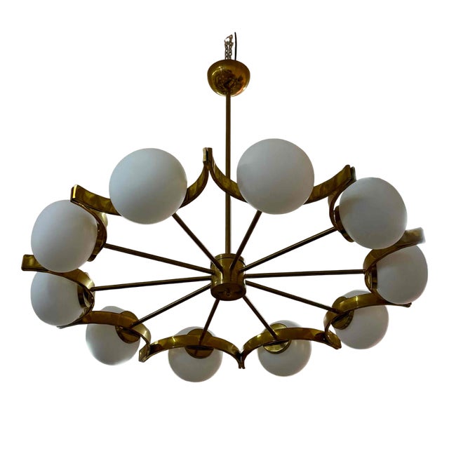 Italian Murano Glass Chandelier with 10 White Spheres and Radial Brass Structure, 2000s For Sale