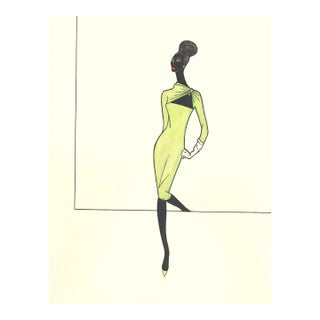 1950s Rare French Fashion Drawing in Gouache With Documentation, Matted For Sale