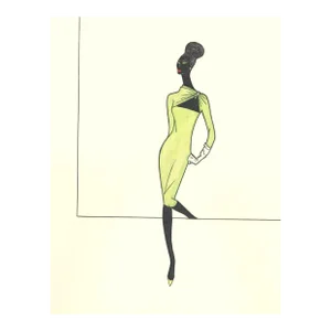 1950s Rare French Fashion Drawing in Gouache With Documentation, Matted