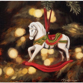 Rocking Horse Ornament by Morgan Cameron | Oil on panel Painting of a decorative rocking horse ornament For Sale