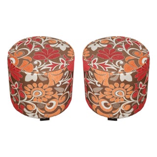 Vintage Moroccan Round Pouf Ottoman in 1970s Psychedelic Floral Velvet a Pair For Sale