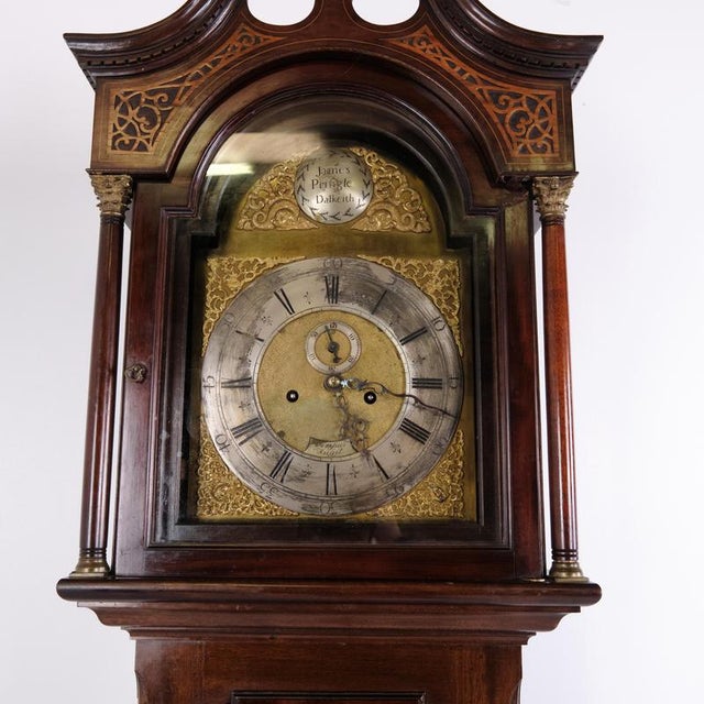 English Mahogany Longcase Clock with Marquetry and Brass Dial, 1880s For Sale - Image 3 of 13