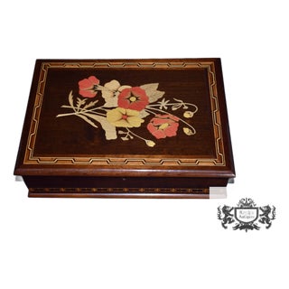 Wooden Inlaid Jewelry Box Vintage Henrique Michels Inlaid Floral Marquetry For Sale