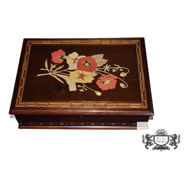 Wooden Inlaid Jewelry Box Vintage Henrique Michels Inlaid Floral Marquetry For Sale