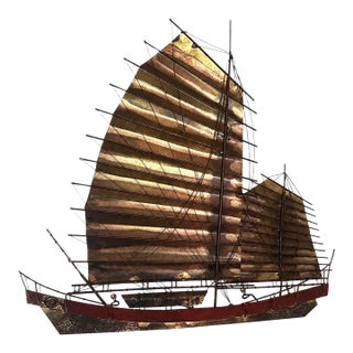 Signed Mid 20th Century Curtis Jeré/Artisan House Chinese Junk Boat Brass Wall Sculpture Brutalist MCM For Sale