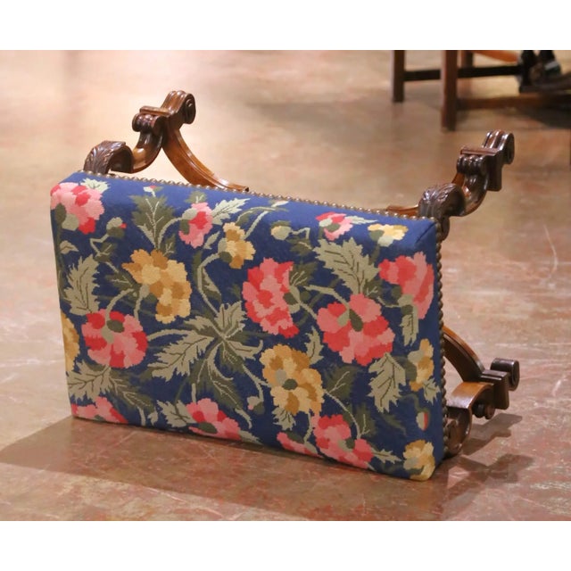 19th Century French Louis XIII Walnut Stool With Floral Needlepoint Upholstery For Sale - Image 11 of 12