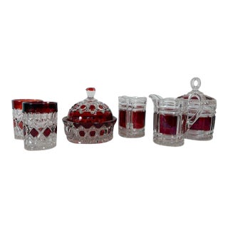 Early American Ruby Glassware Set - 6 Pieces (Thompson Glass Co.) (Duncan & Miller Glass Co.) For Sale
