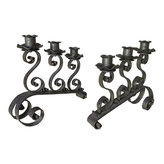 Arts and Crafts, Mission, Vintage Wrought Iron Candlesticks, Spanish Revival For Sale
