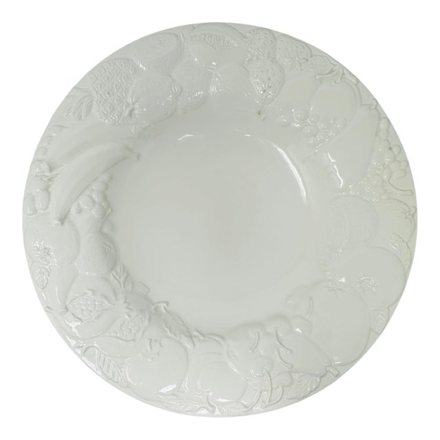 Large 16” Vintage 1980s Italian White Creamware Fruit Relief Centerpiece Serving Bowl For Sale