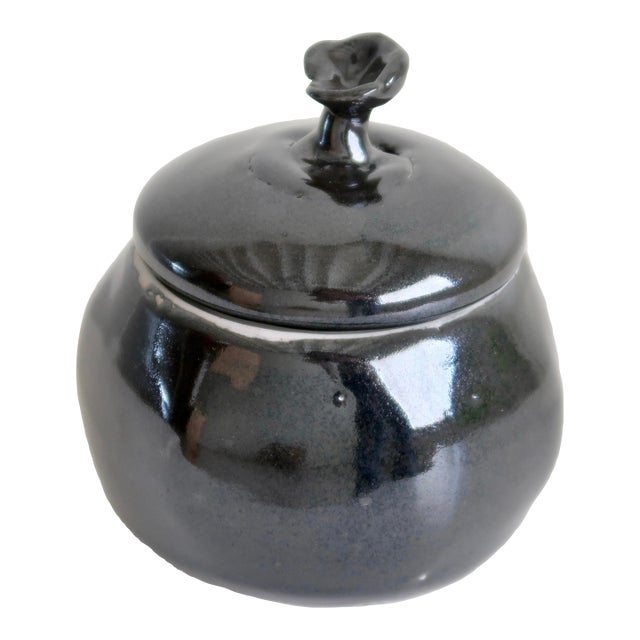 Signed Studio Pottery Lidded Ceramic Round Jar With Abstract Floral Finial in Monochromatic Black Glaze For Sale