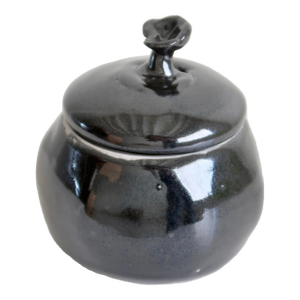 Signed Studio Pottery Lidded Ceramic Round Jar With Abstract Floral Finial in Monochromatic Black Glaze